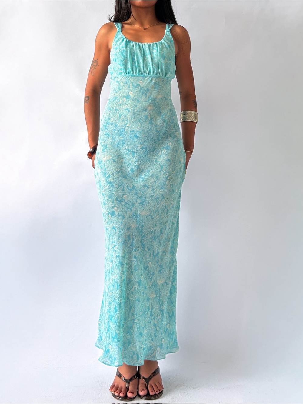 Aqua Floral Maxi Dress with Scoop Neck - Unbranded - Picture 1 of 4